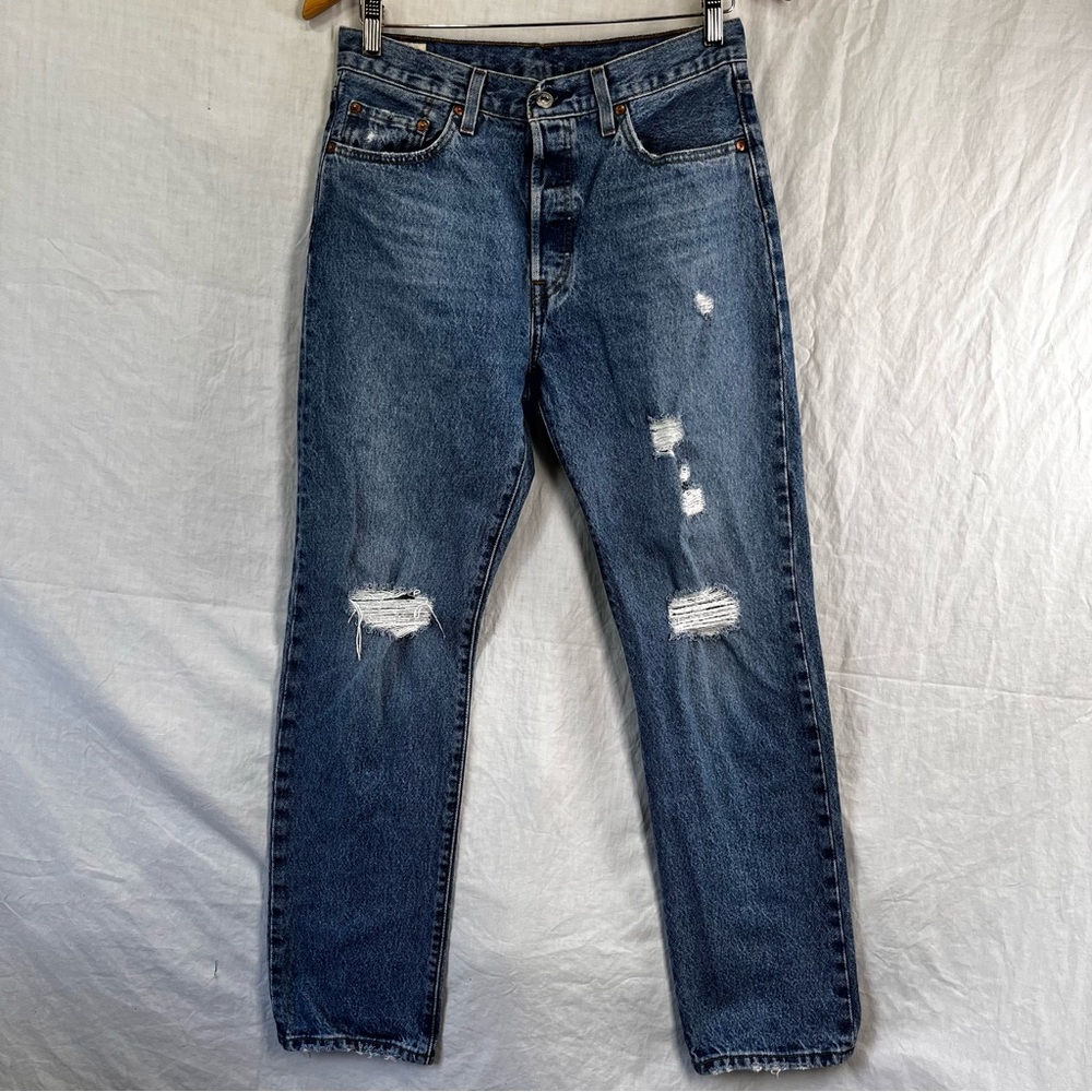 Levis Premium 501 XX Jeans 29x30 Destruction Leg Button Fly Womens Denim Blue